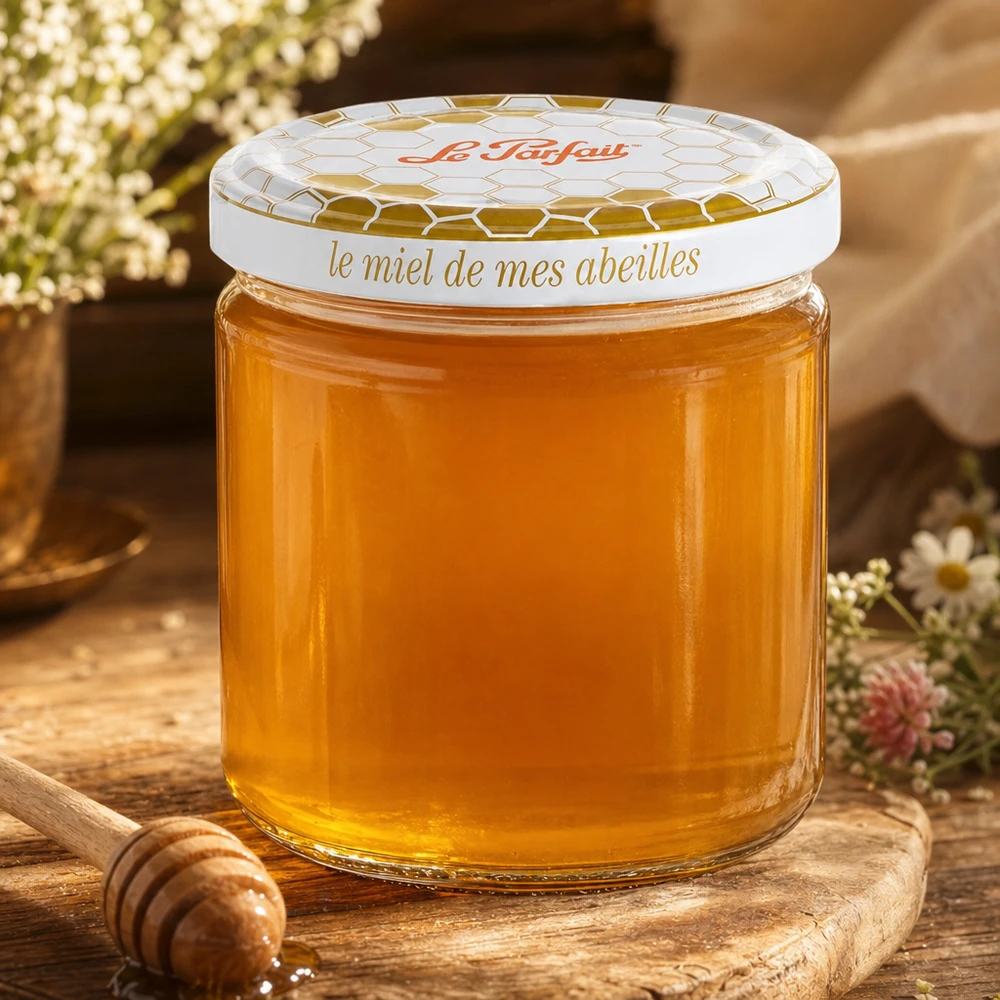 Le Parfait Honungsburk 212 ml fylld med gyllene honung på en träbräda med honungssked och blommor