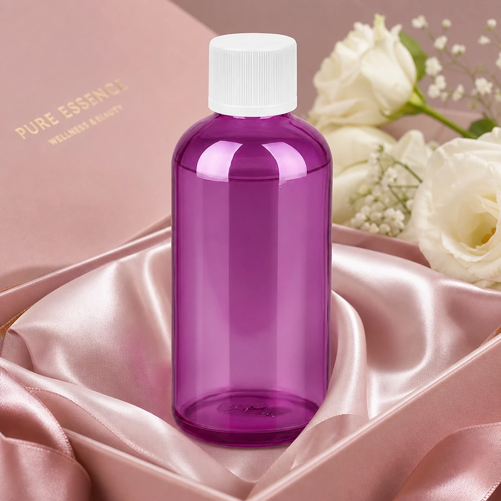 100ml flaska 11mm skruvkork vit standard barnsäker PurpleLine. UT18/100 100 ml plastflaska med slät yta i violett transparent och vit skruvkork
