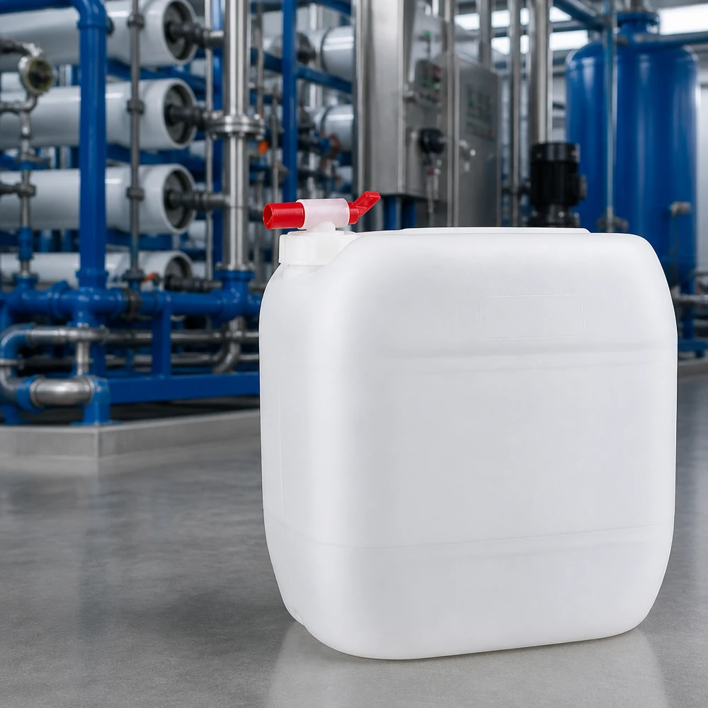 30 liters dunk med avtappningskran 30-liters industrikanister med röd utloppskran framför en blå vattenreningsanläggning