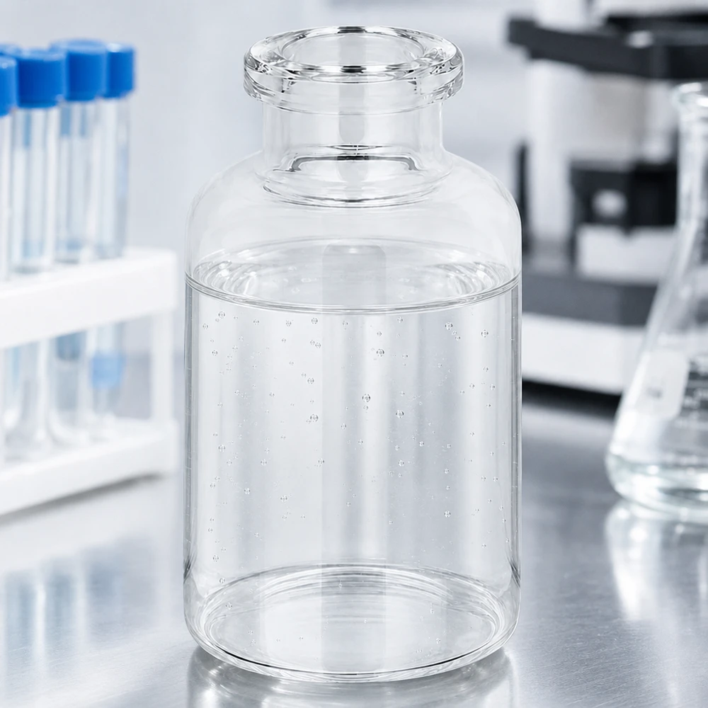 Injektionsflaska klart glas 20ml Glasbehälter 20ml für Injektionspräparate mit Mikroskop und Reagenzgläsern im Hintergrund
