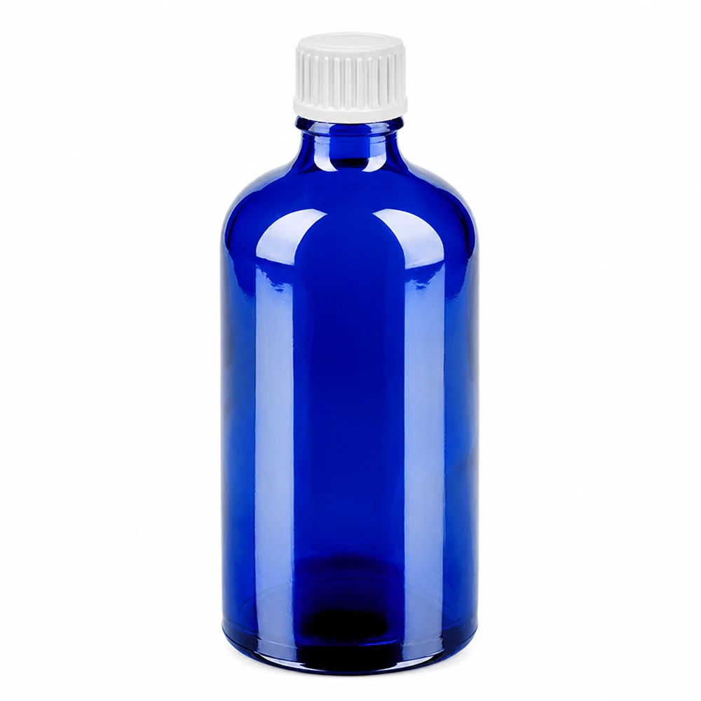 100 ml droppflaska 0,9 mm vit med standardförslutning BlueLine UT18/100 100 ml blå glasflaska med vit 0,9 mm dropplock för exakt dosering BlueLine