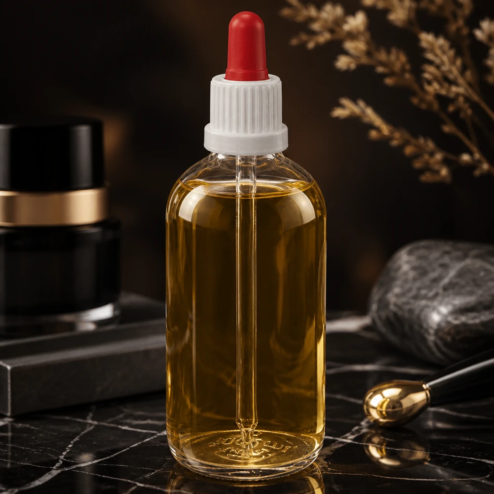 100 ml pipettflaska vit/röd med säkerhetsförslutning ClearLine UT18/100 Guldgul olja i en 100 ml ClearLine-glasflaska med vit pipettkork och röd gummikula