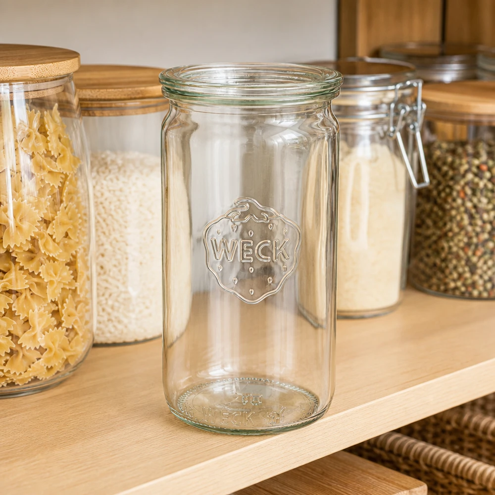 WECK cylinderburk 340ml RR60 tom på förvaringshyllan bredvid burkar fyllda med pasta och kryddor Köksorganisation