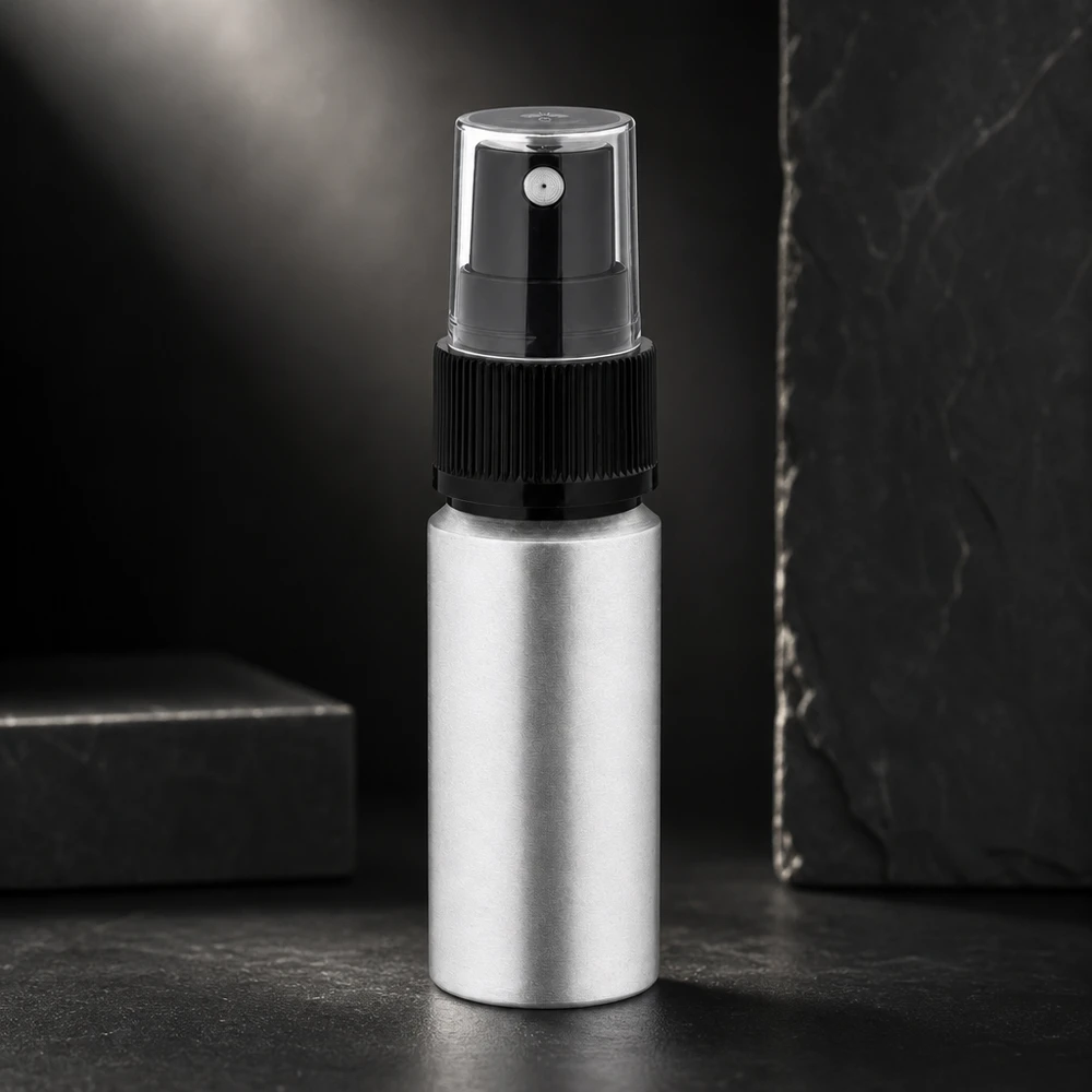 20ml flaska i betad aluminium med atomiserare Elegant 20 ml sprayflaska i aluminium i färgat utförande med transparent skyddslock