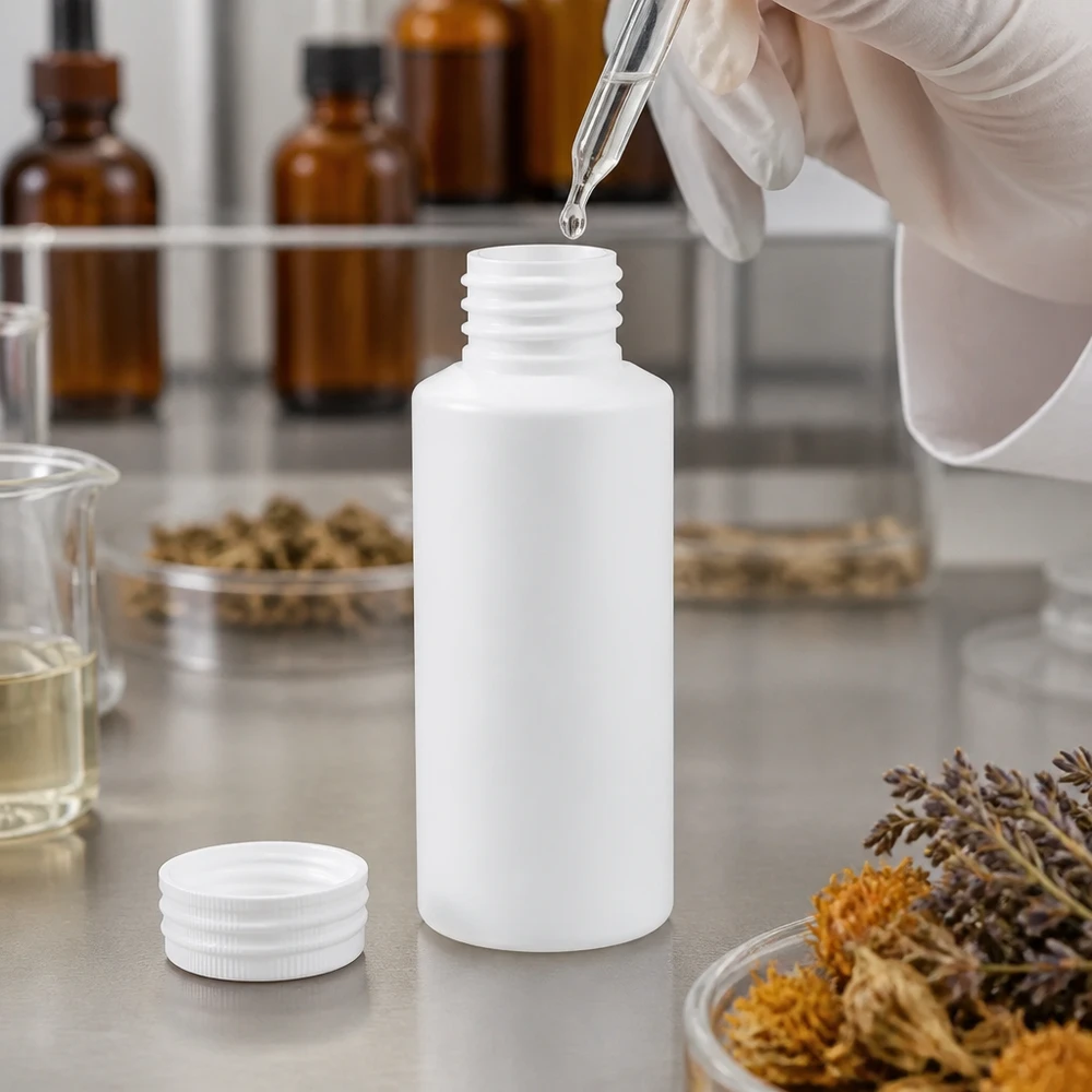 Vit HDPE-apotekflaska på 30 ml med dropppipett vid påfyllning i laboratoriet