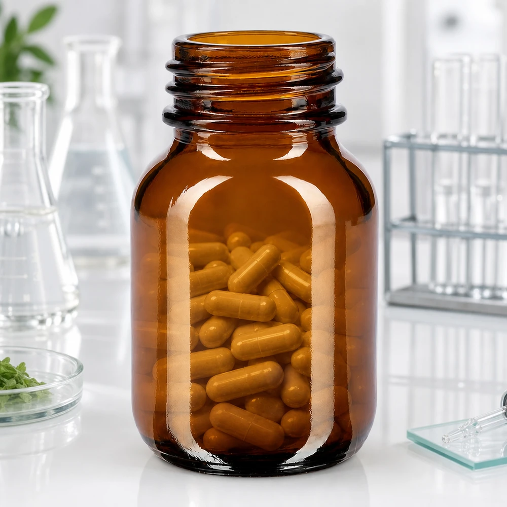 50ml bärnstensfärgat glas med bred hals Brun glasflaska 50 ml med bred öppning, idealisk för kapslar och tabletter