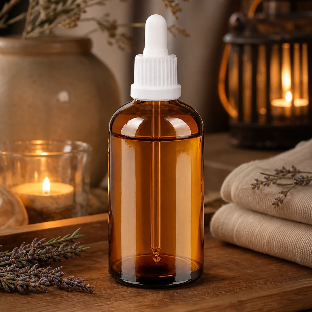 100 ml pipettflaska vit med säkerhetsförslutning BrownLine UT18/100 100 ml apoteksflaska i bärnstensfärgat glas med pipett för aromaterapi