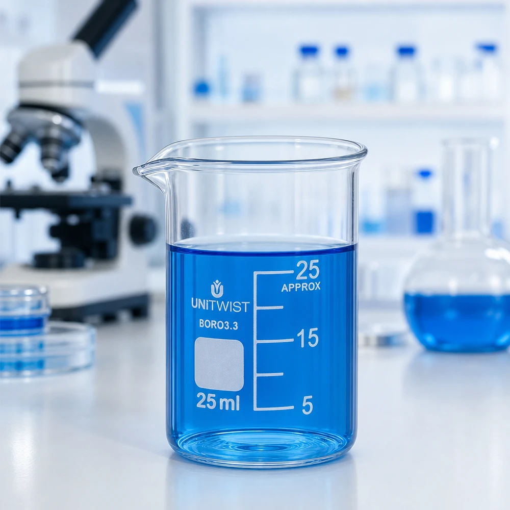 Bägare 25ml borosilikat, lågformad UNiTWIST UNiTWIST-bägare, 25 ml, låg form, med blå vätska i ett laboratorium på en vit arbetsyta
