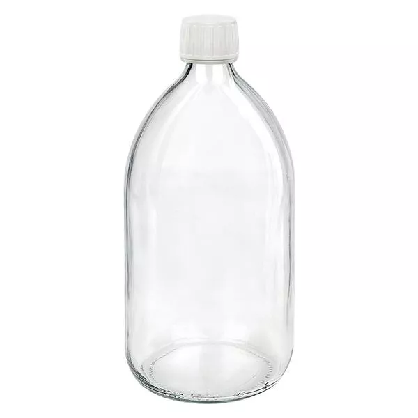 1000 ml klar medicinflaska, vitt lock med säkerhetsring ApoGlas 1000 ml klar medicinflaska, vitt lock med säkerhetsring ApoGlas