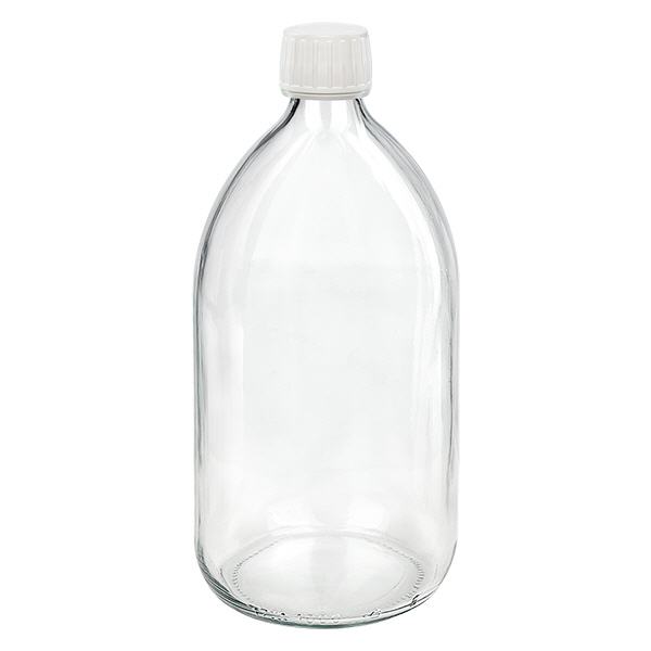 1000 ml klar medicinflaska, vitt lock med säkerhetsring ApoGlas 1000 ml klar medicinflaska, vitt lock med säkerhetsring ApoGlas