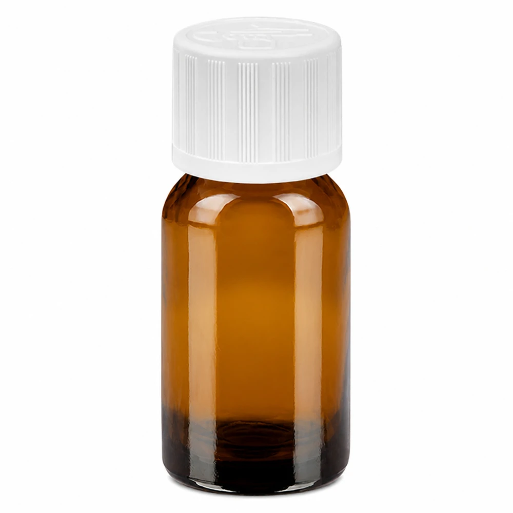 10 ml bärnstensfärgad glasflaska med vitt skruvlock för laboratoriebruk och medicinering