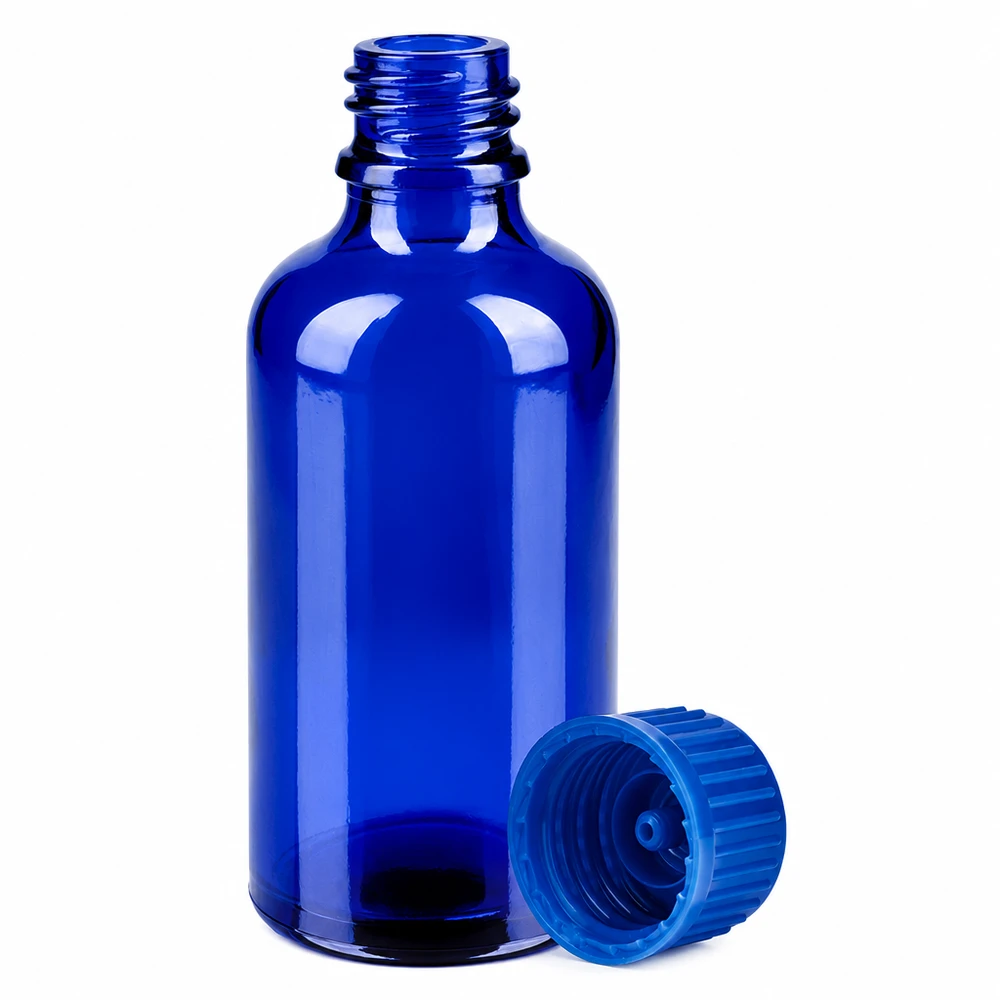 Blå 50 ml glasflaska med 11 mm gänga och matchande skruvlock för säker förvaring