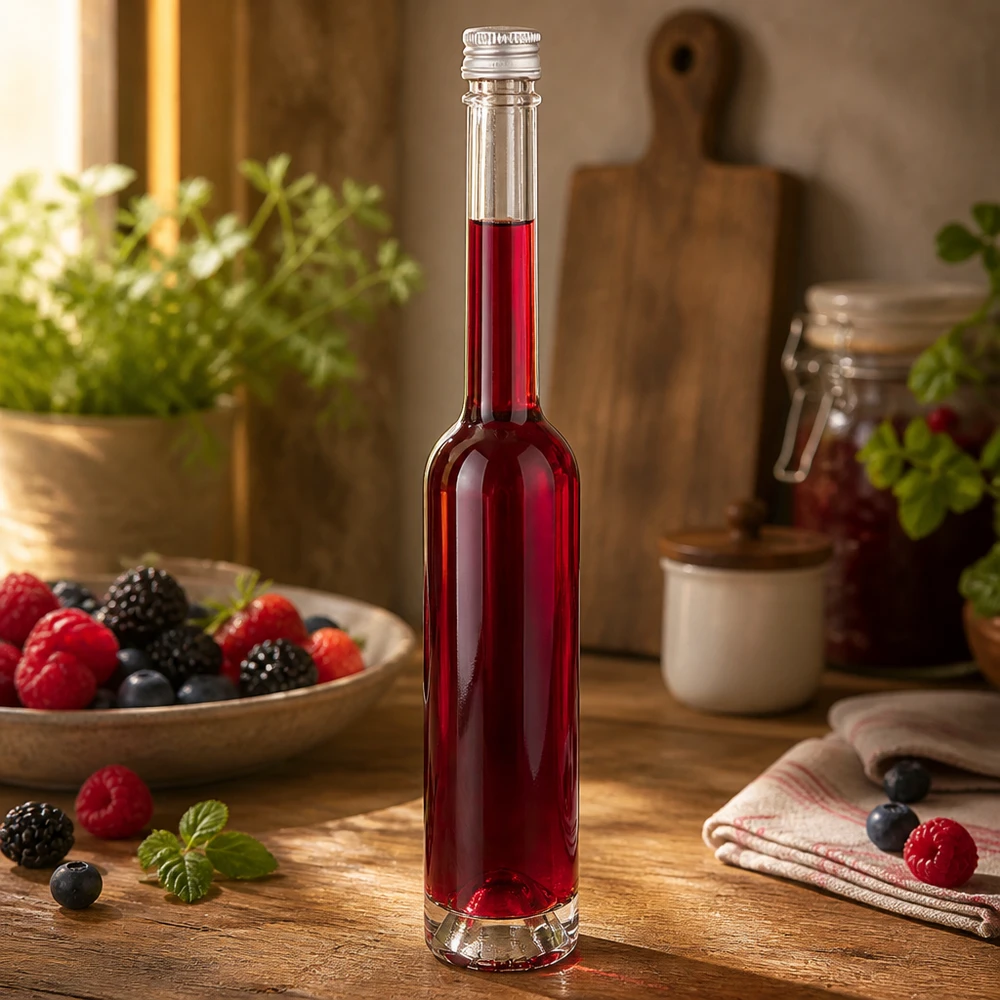 100 ml glasflaska Toni utan skruvkork UNiTWIST® 100 ml Toni-glasflaska med silverfärgad skruvkork - perfekt för rödbärslikörer och fruktextrakt
