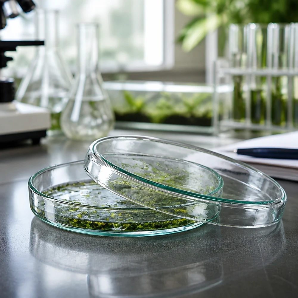 Två petriskålar av glas, 90 x 15 mm, med gröna växtkulturer på ett laboratoriebord med Erlenmeyer-kolvar