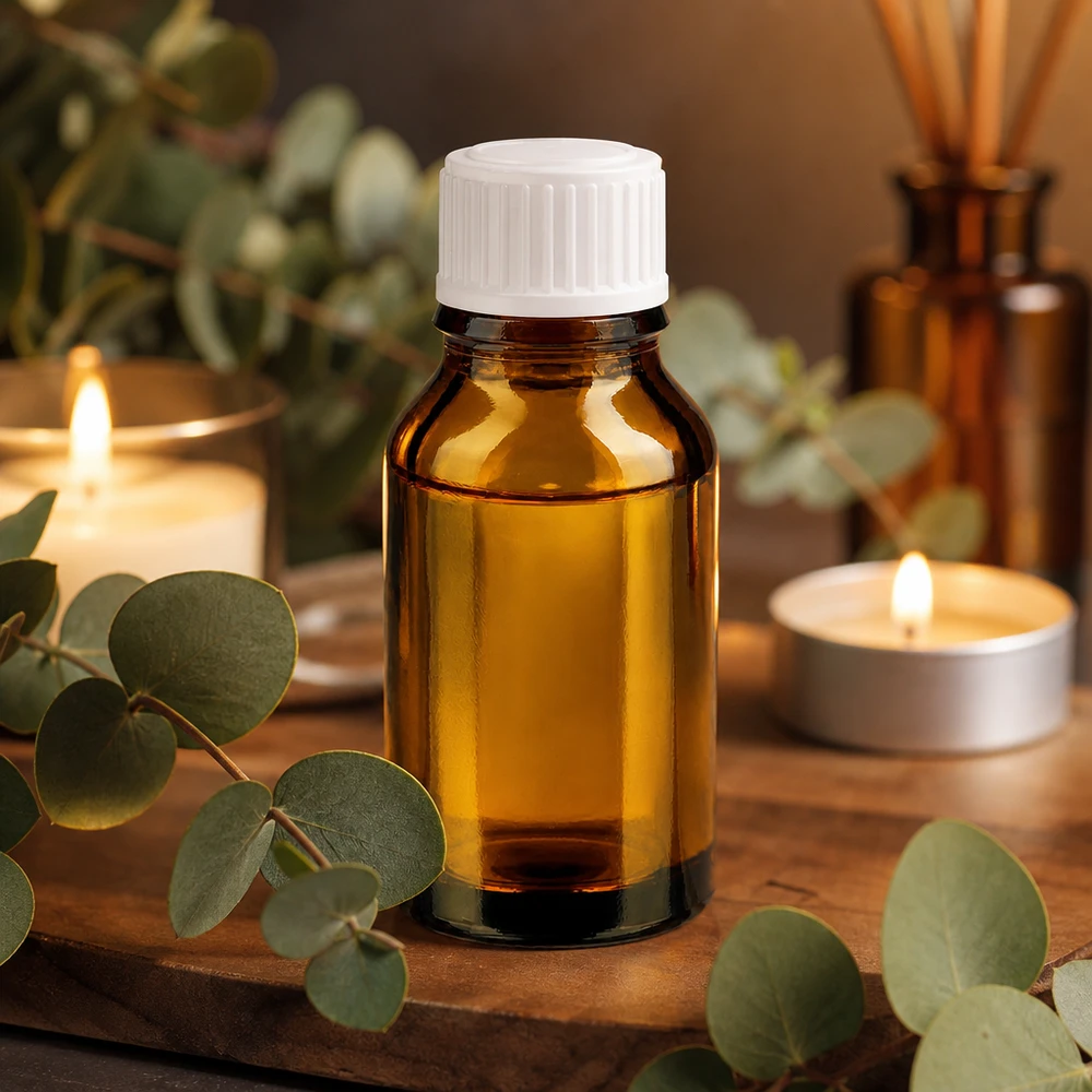 Brun glasflaska på 30 ml med vitt barnsäkert lock för eteriska oljor