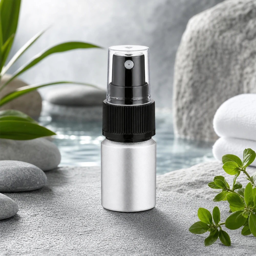 10ml flaska i betad aluminium med atomiser Kompakt 10 ml aluminiumflaska med svart atomiserare, perfekt för resan och handväskan