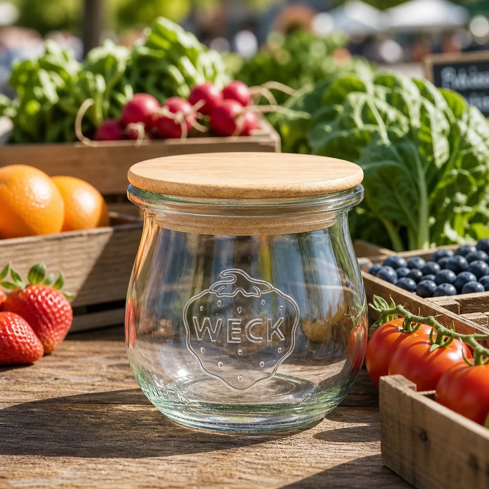 75ml tulpanburk WECK RR40 med trälock WECK Tulpenglas 75ml mit Holzdeckel zwischen frischen Marktgemüse und Obst stilvolle Küchendeko Vorratsglas