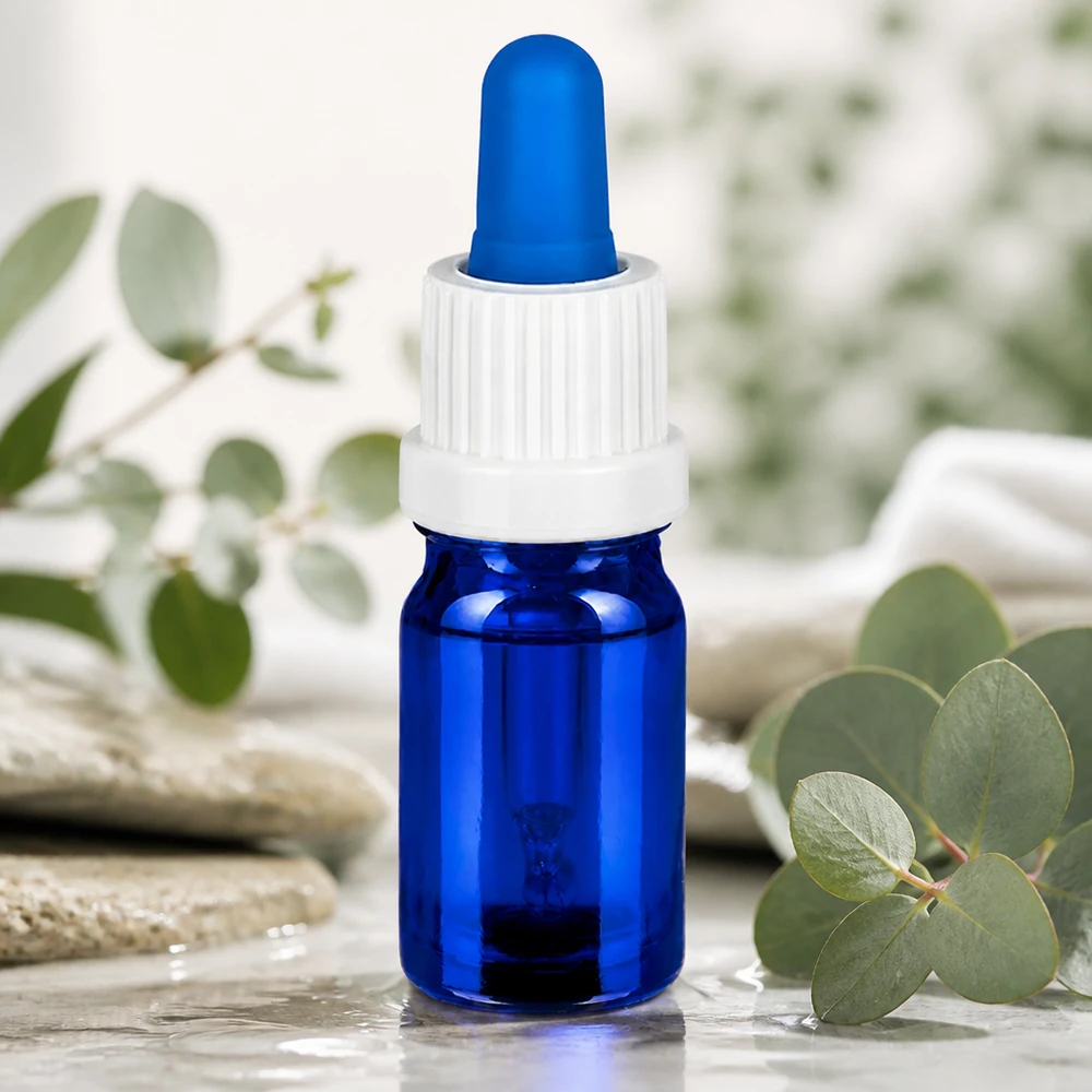 5ml Pipettflaska vit/blå med manipuleringssäkert lock BlueLine UT18/5 Liten 5 ml pipettflaska av blått glas med ergonomiskt vitt dropplock