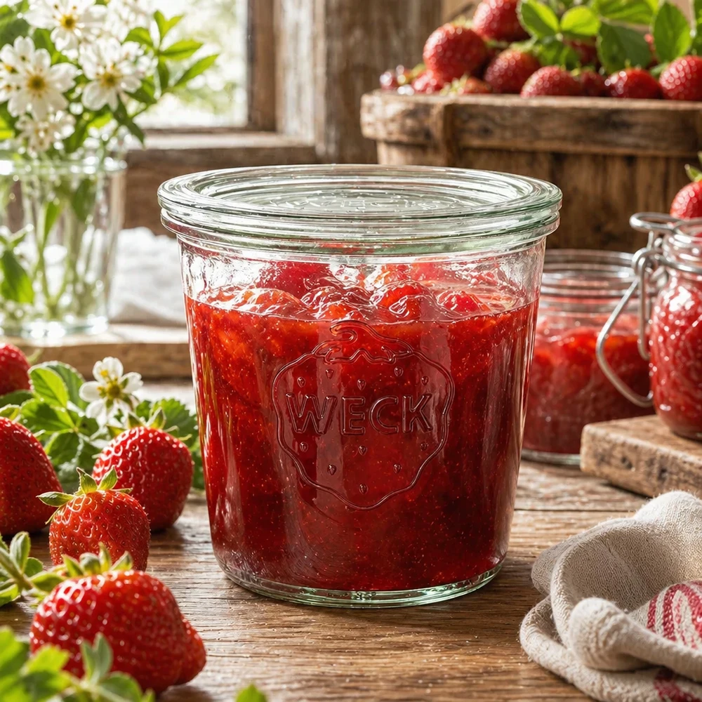 580 ml burk med glaslock WECK RR100 WECK konserveringsburk 580ml fylld med jordgubbssylt i rustikt kök med färska jordgubbar och blommor