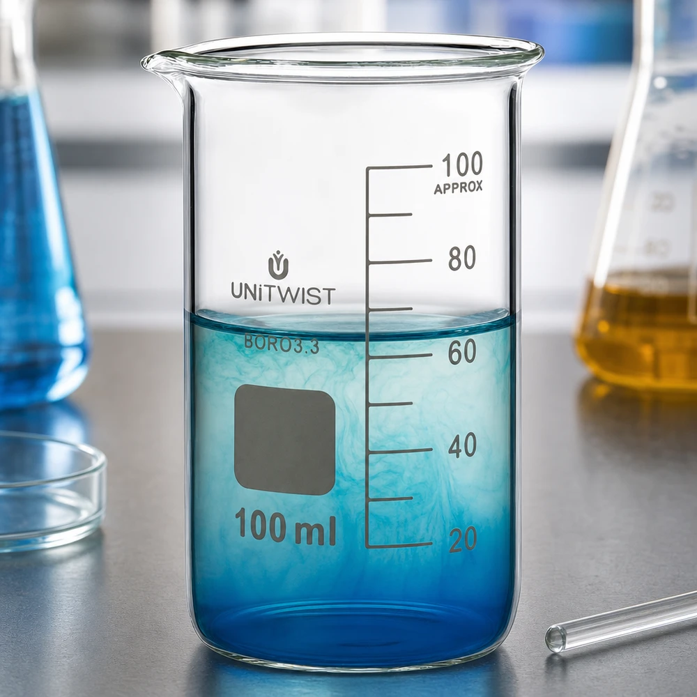Bägare 100ml borosilikat, hög form UNiTWIST Graderat bägarglas, 100 ml, hög form, borosilikatglas med måttskala upp till 100 ml, UNITWIST