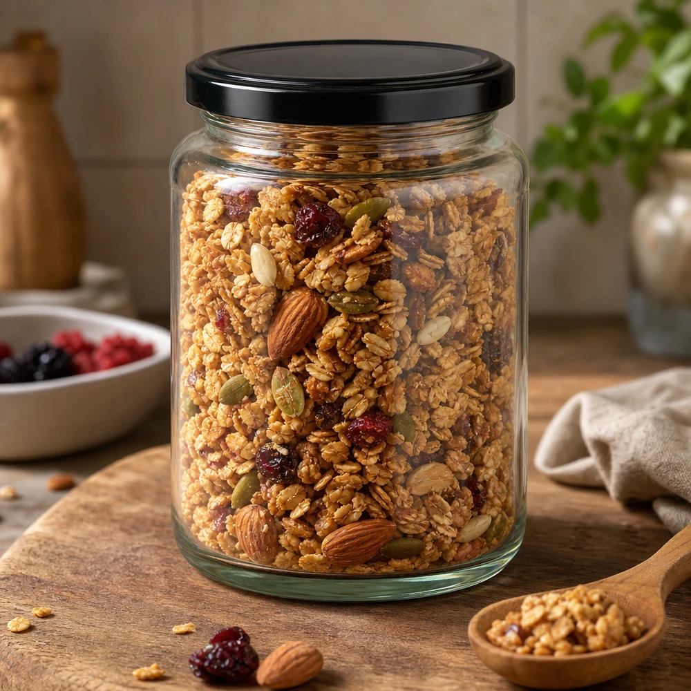 Rund glasburk 382 ml med lock BasicSeal svart UNiTWIST 382ml rund burk BasicSeal svart fylld med müsli nötter torkad frukt förvaring förvaringsburk kök
