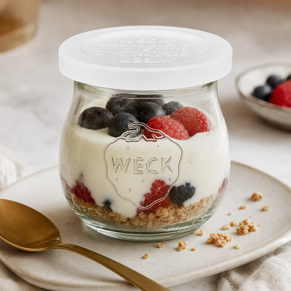75ml tulpanburk med fräschhetslock WECK RR40 WECK tulpanburk 75ml RR40 med yoghurt bär och granola som dessert på vit tallrik med gyllene sked