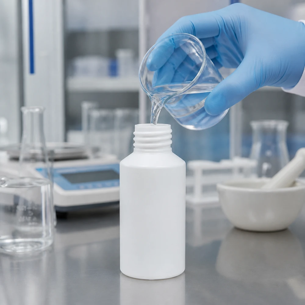 Apoteksflaska HDPE 50ml vit, utan lock En vit 50 ml HDPE-plastflaska utan lock fylls med en klar vätska i laboratoriet