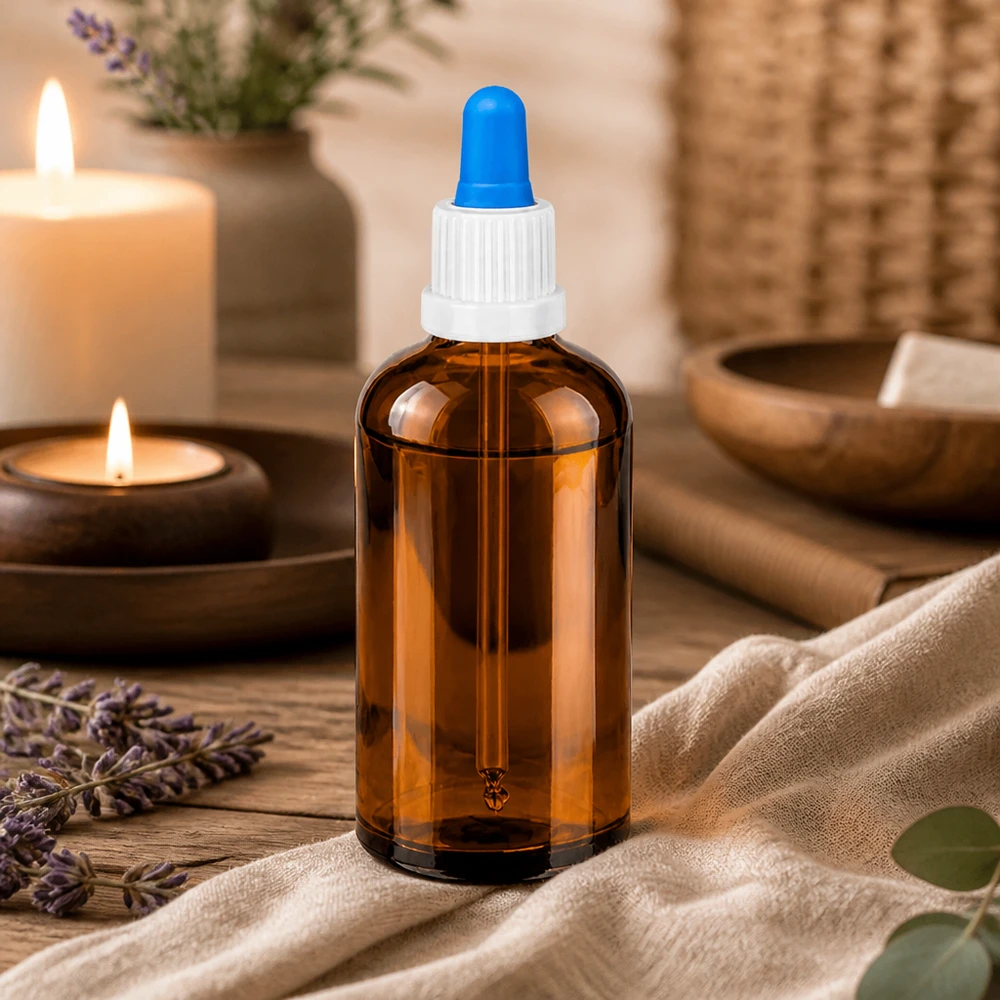 100 ml pipettflaska vit/blå med säkerhetsförslutning BrownLine UT18/100 Liten bärnstensfärgad glasflaska 100 ml med droppipett, idealisk för exakt portionering av vätskor
