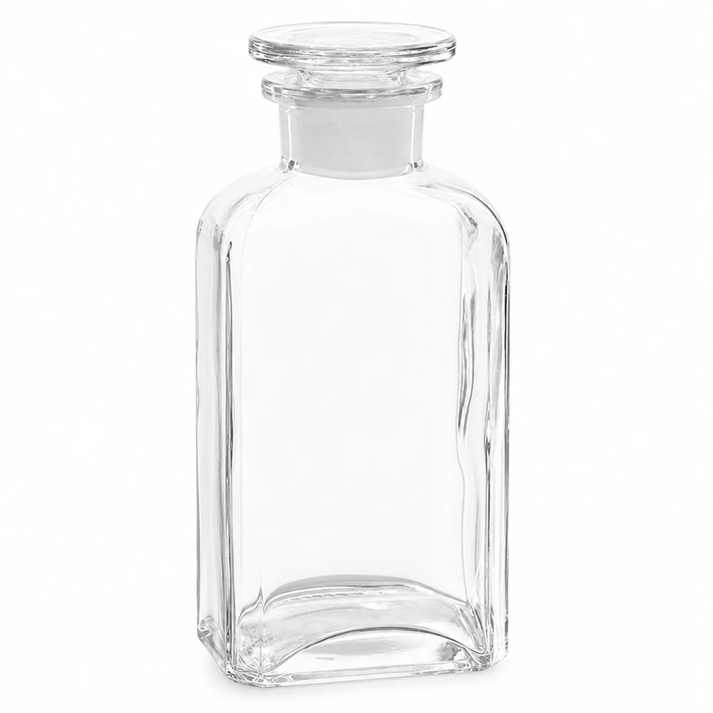 Fyrkantig flaska 250ml klar glaspropp med bred hals Fyrkantig flaska på 250 ml av klart glas med glaspropp, vid hals, laboratoriekvalitet
