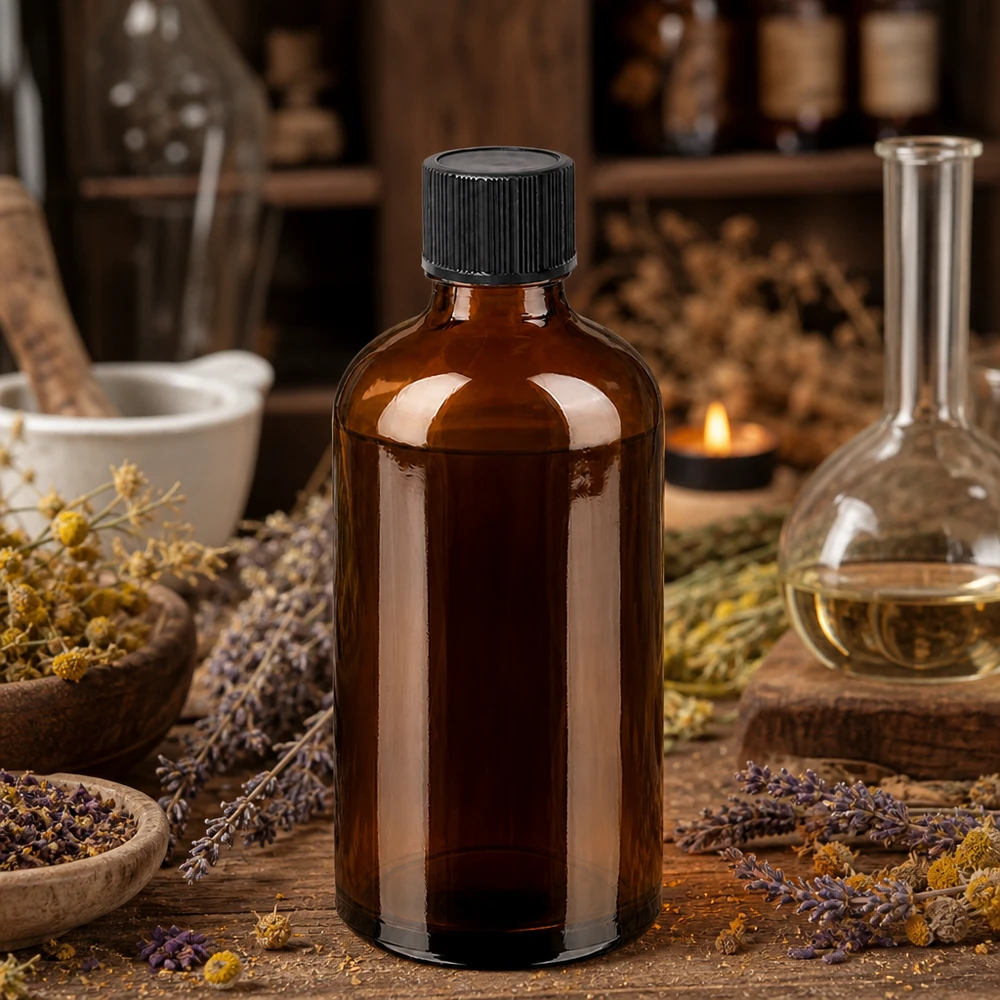 100ml Droppflaska 1mm svart standardförslutning BrownLine UT18/100 Exakt 1 mm droppöppning på 100 ml bärnstensfärgad glasflaska för exakt dosering av extrakt