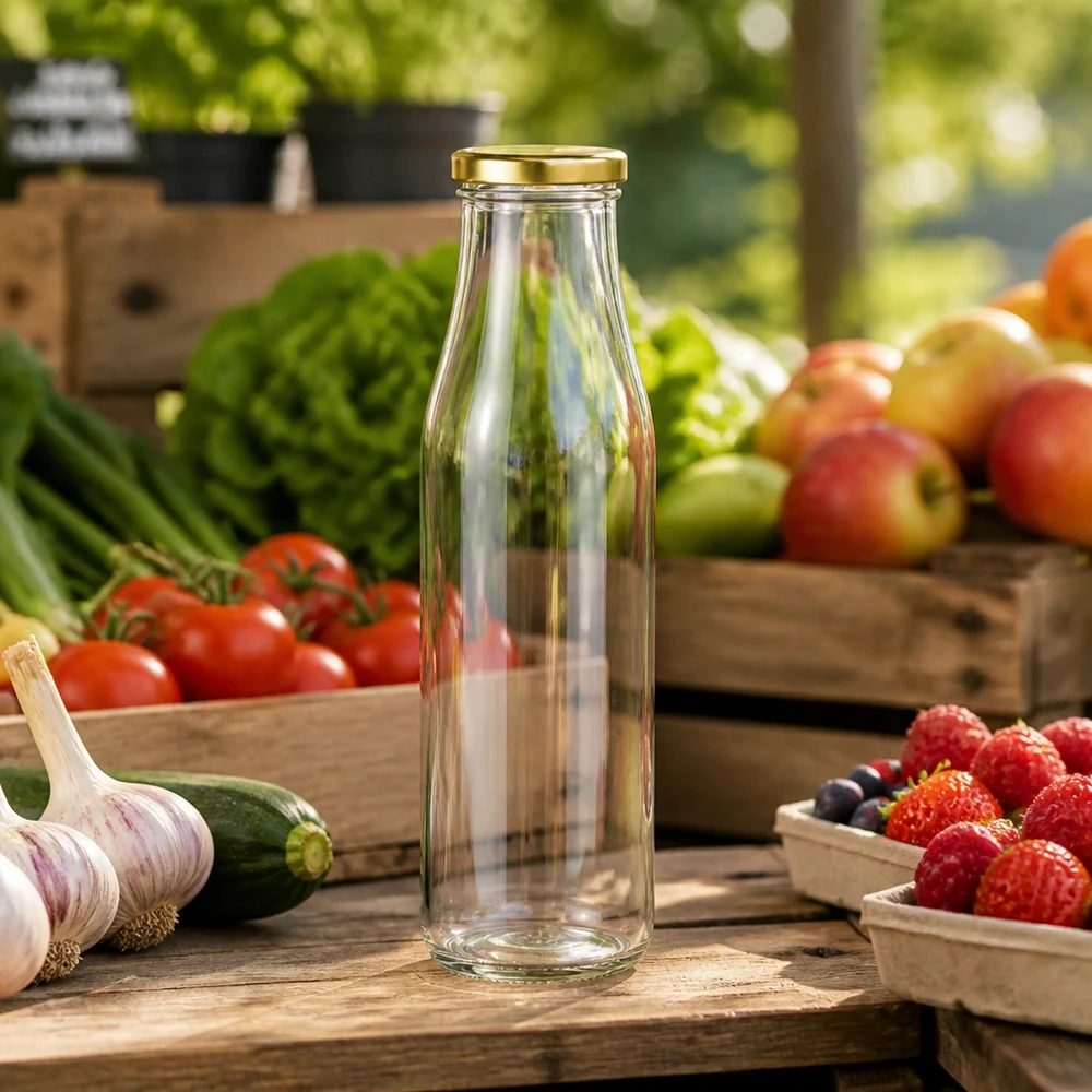 500 ml glasflaska tom BasicSeal lock guld mellan färsk frukt grönsaker på träbord marknadsstånd atmosfär