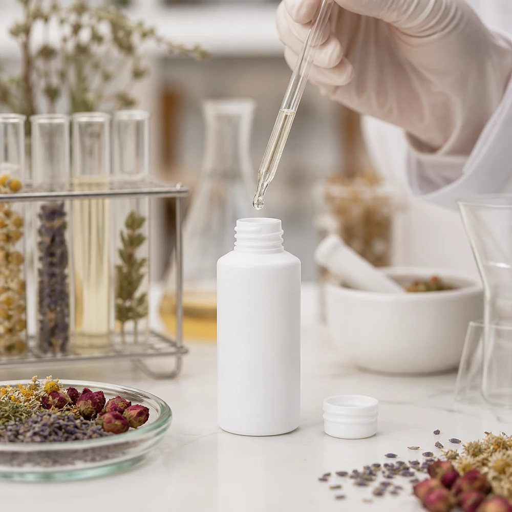 Tom vit HDPE-apotekflaska på 30 ml utan lock bredvid torkade örter och blommor