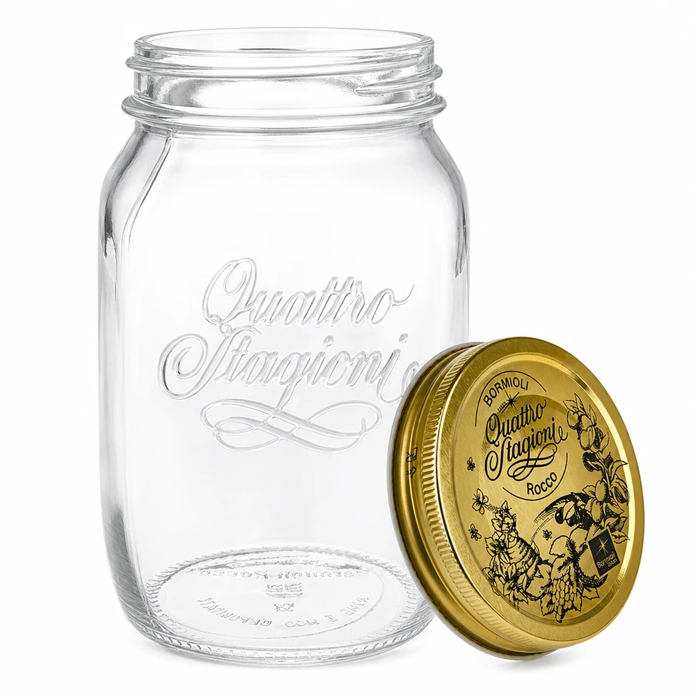 1000ml rund burk "Quattro Stagioni" med lock Quattro Stagioni konserveringsburk 1000ml med avtagbart lock detaljerad vy Italiensk konserveringsburk