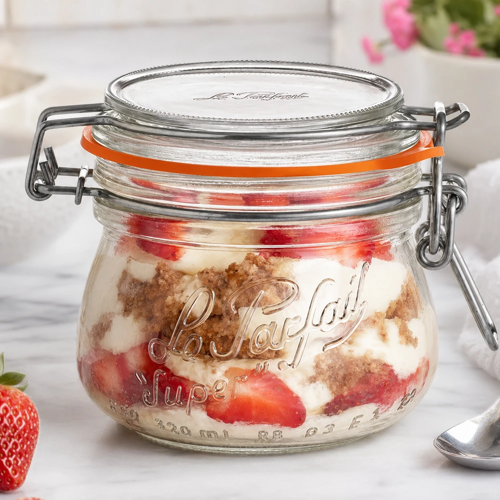 250 ml Le Parfait Super förvaringsburk med svängbar topp fylld med jordgubbar och dessert på en vit yta