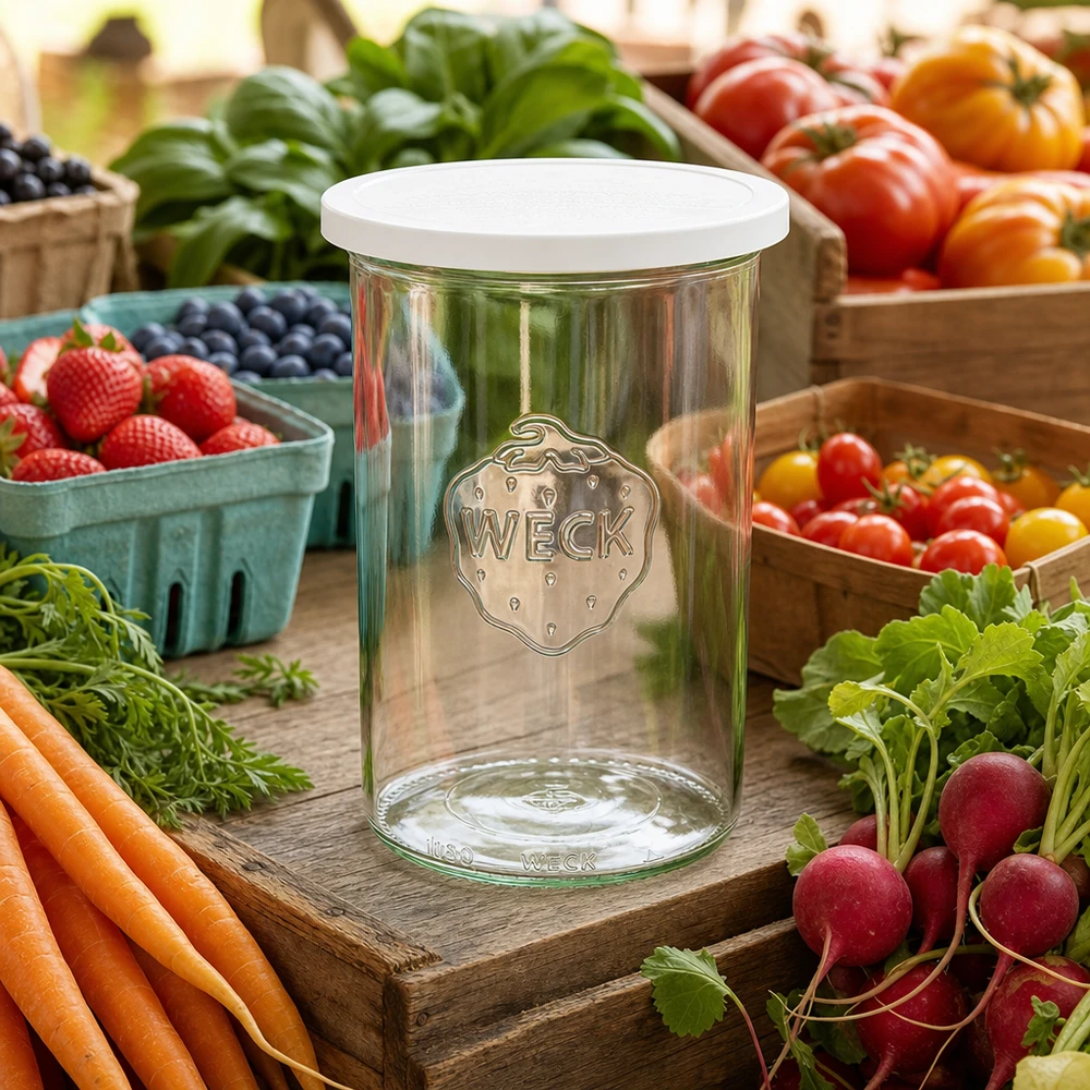 1000ml Krossade glasögon med lock WECK RR100 WECK dricksglas 1000ml RR100 med fräscht lock mellan färska grönsaker morötter rädisor och bär