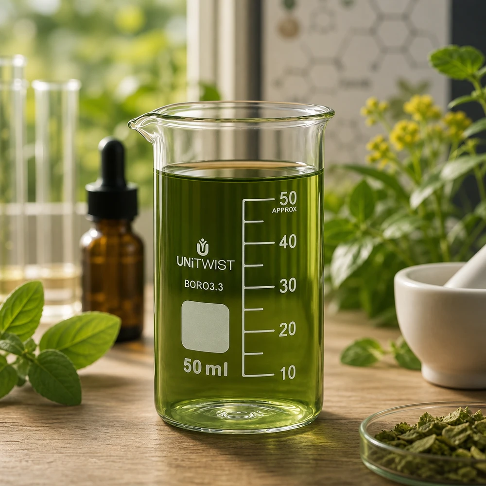 50 ml högt becherglas av typen UNITWIST med grönt växtextrakt omgivet av färska örter
