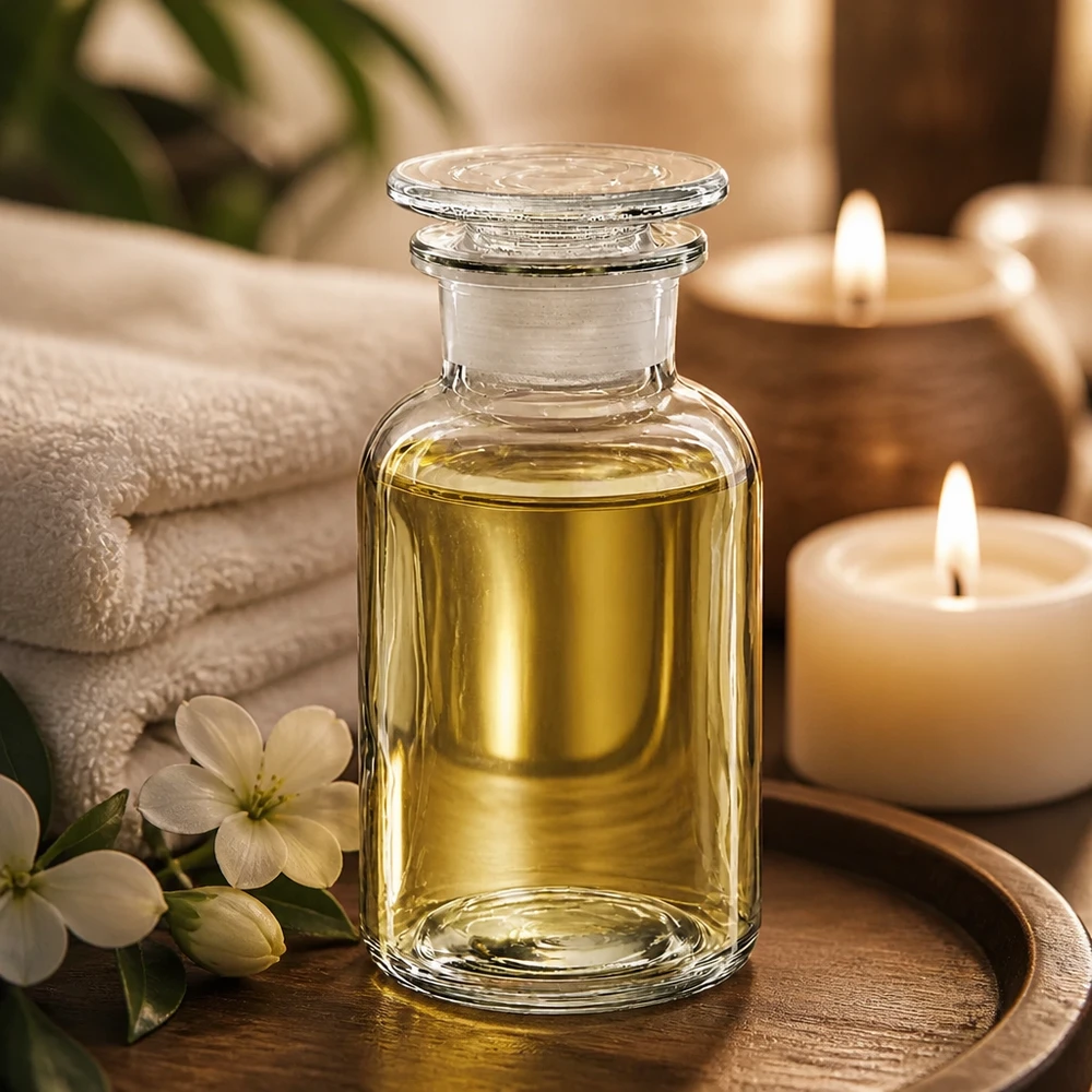 Flaska med rund axel 250ml klar glaspropp med bred hals 250 ml bredhalsad flaska av klart glas med glaspropp, fylld med gyllene massageolja på spaet