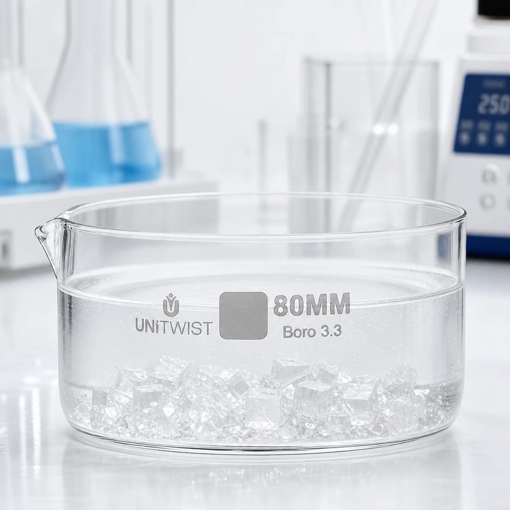Kristallisationskärl ø80 mm, borosilikatglas UNiTWIST Platt kristalliseringsskål 80 mm med isbitar för laboratoriebruk, borosilikatglas, UNiTWIST
