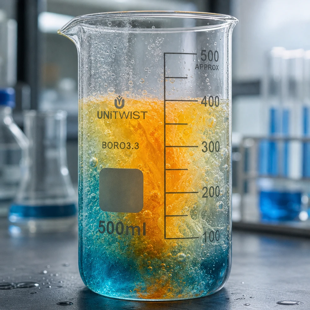 Kemisk reaktion i UNITWIST-bägare, 500 ml, hög modell, med en orange-blå färgblandning