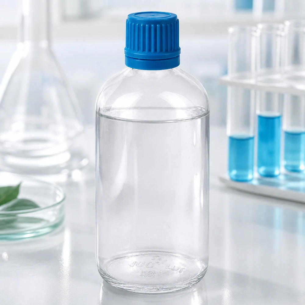 100ml flaska 11mm skruvkork blå med sabotageskydd ClearLine UT18/100 Genomskinlig 100 ml laboratorieflaska av typen ClearLine med blå originalförslutning (OV) i laboratoriemiljö
