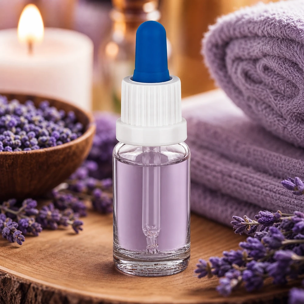 En 10 ml pipettflaska fylld med lavendelolja på en träunderlägg med lavendelblommor och ett ljus