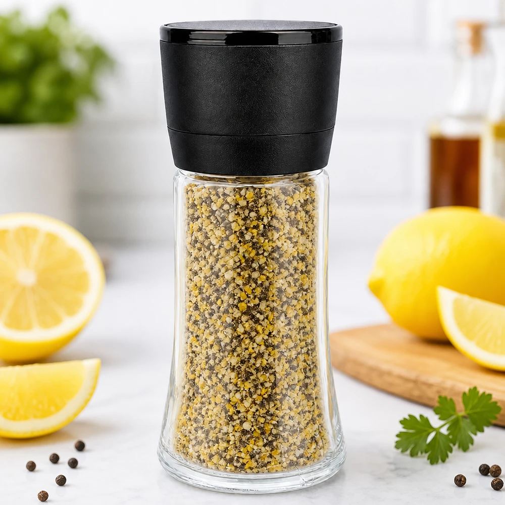Salt- och kryddburk 95 ml med kvarn, Vario svart Kryddblandning med citronpeppar i en 95 ml glaskvarn med svart Vario-kvarnverk på marmor