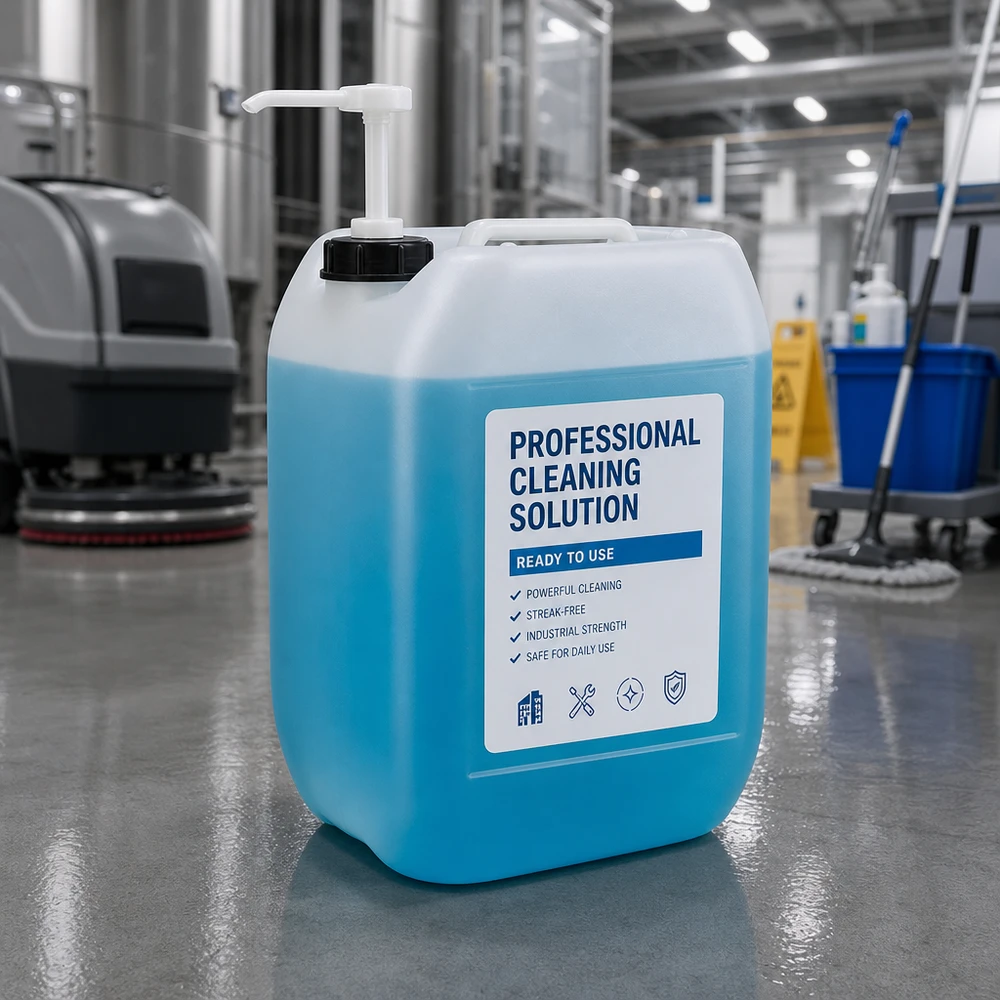 Dunk 10 liter med doseringspump Blå 10-liters behållare för rengöringsmedel med doseringspump på ett industrigolv i en produktionshall
