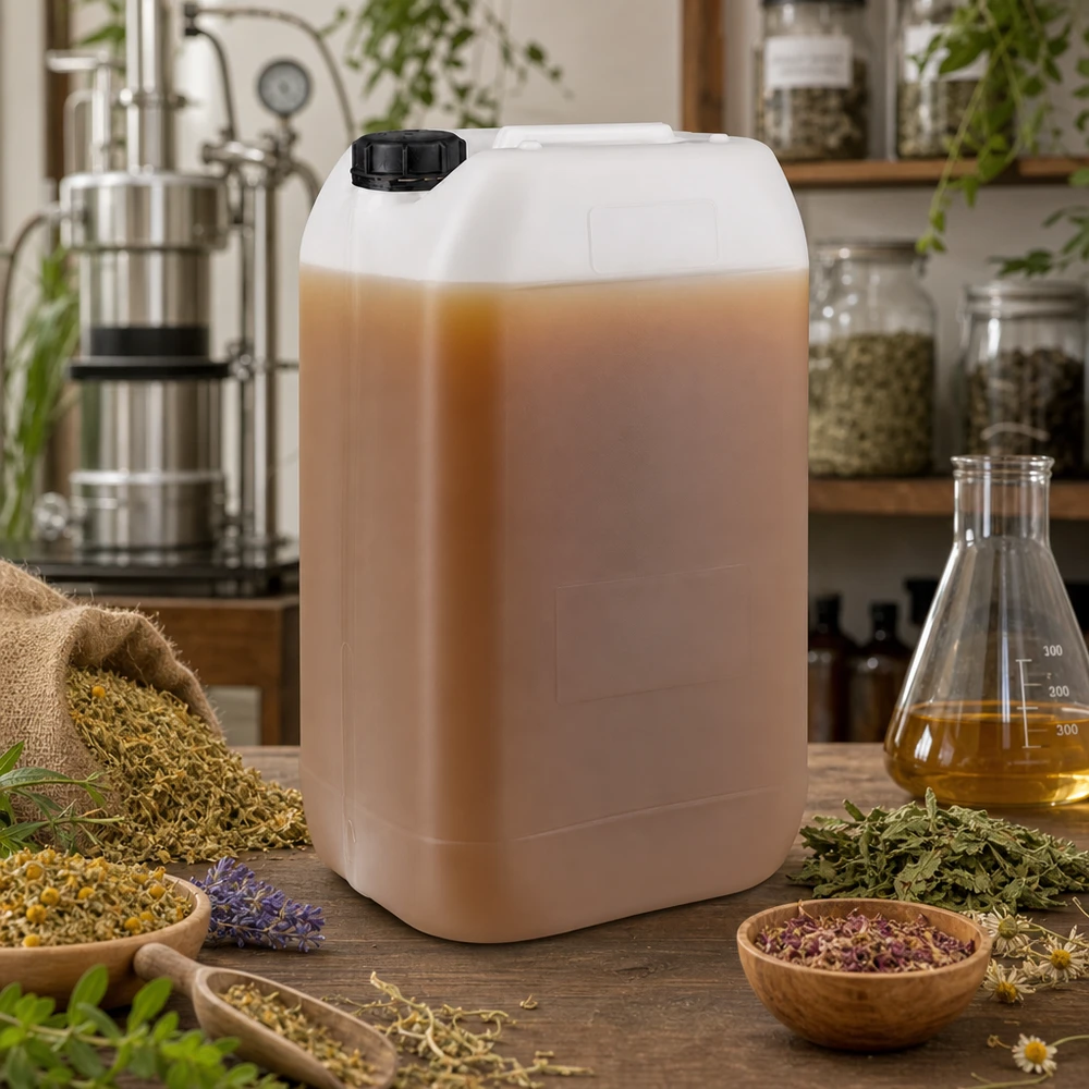 15 liters dunk med invändigt skruvlock Förvaring av örtextrakt i 15-litersdunkar med originalförslutning i ett naturvetenskapligt laboratorium