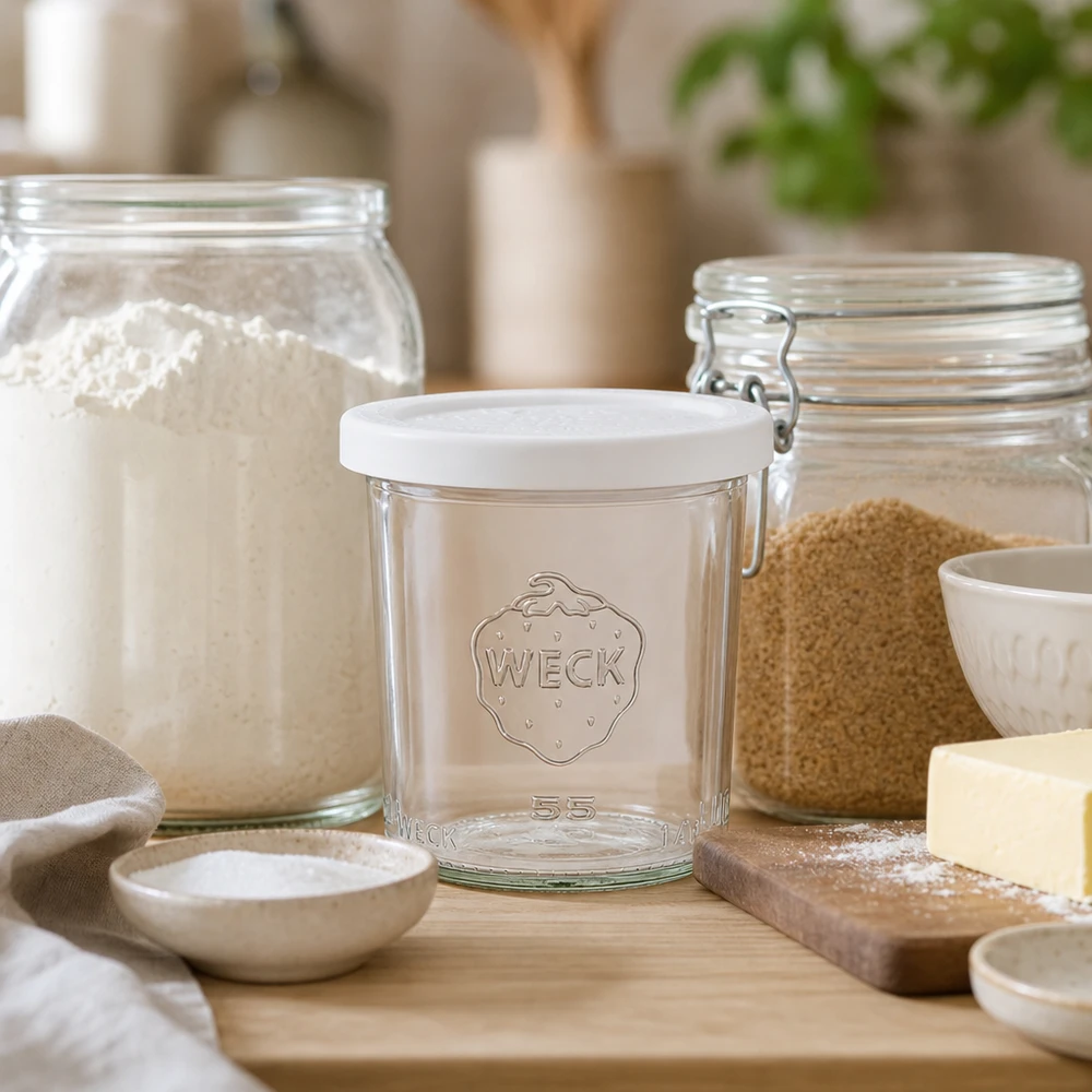 WECK 140 ml RR60-glas i en naturlig köksmiljö med bakingredienser och träbräda som livsstilsfoto