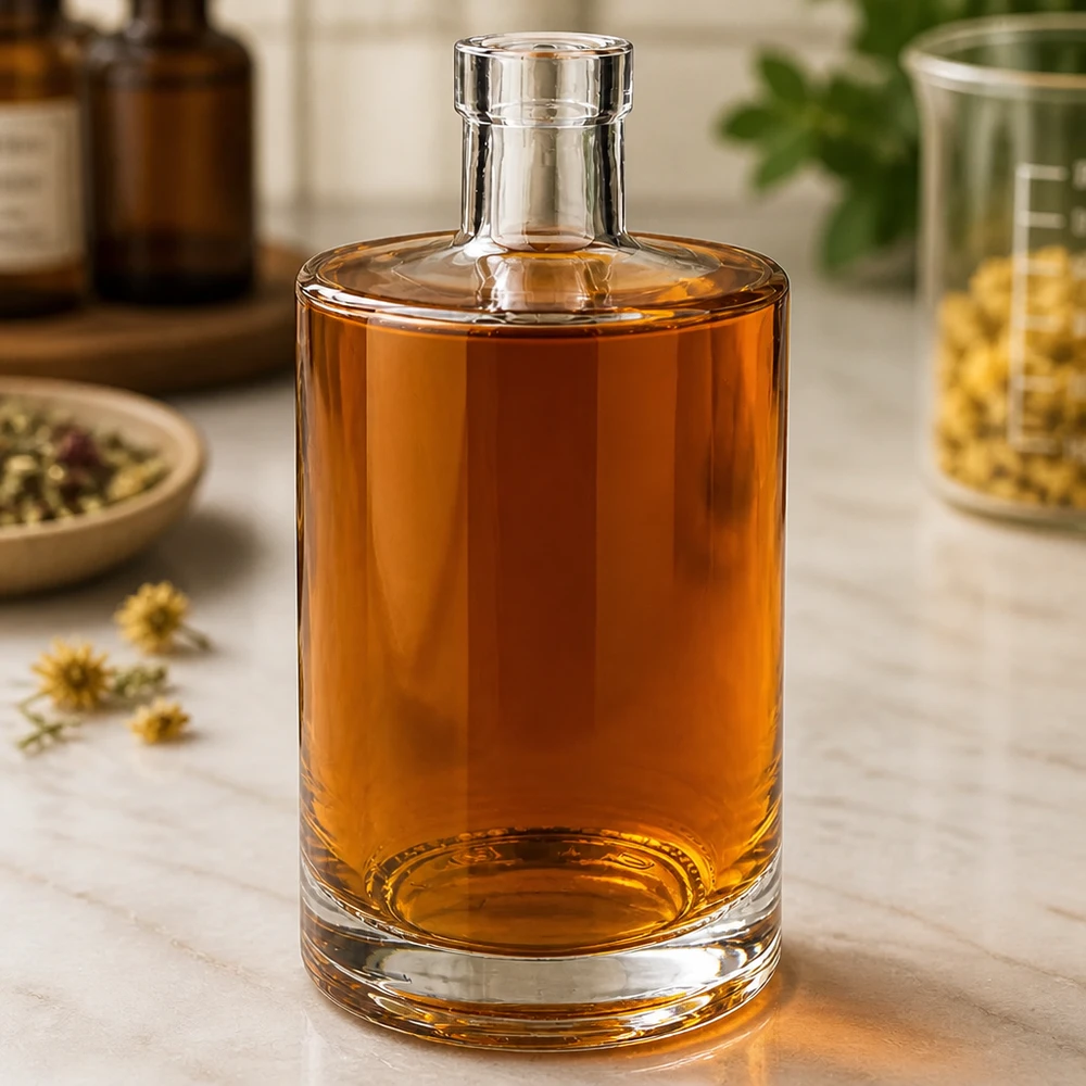700 ml glasflaska Marie utan förslutning UNiTWIST® 700 ml glasflaska Marie fylld med bärnstensfärgad vätska i en elegant miljö med örter och apoteksburkar
