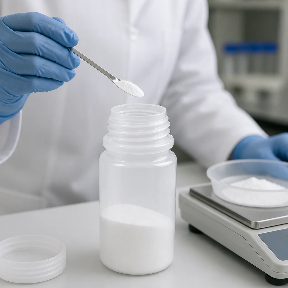 50 ml vit laboratorieflaska med vid hals och öppen topp, tillsammans med en laboratorievåg och vitt pulver vid vägningen