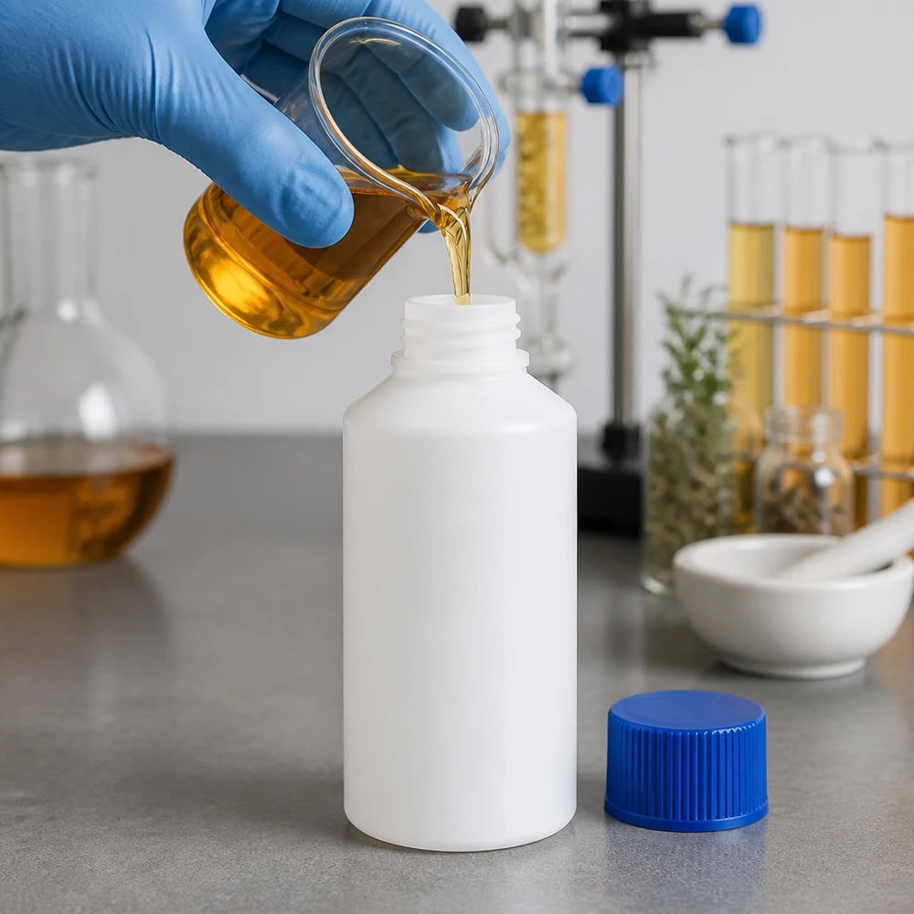 En laboratorieassistent häller en guldfärgad vätska i en vit 50 ml HDPE-apotekflaska med blå kork