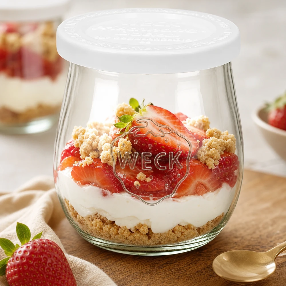 WECK tulpanburk 220ml med fräscht lock som dessertburk - Jordgubbs- och gräddlagerdessert med crumble i RR60 burk