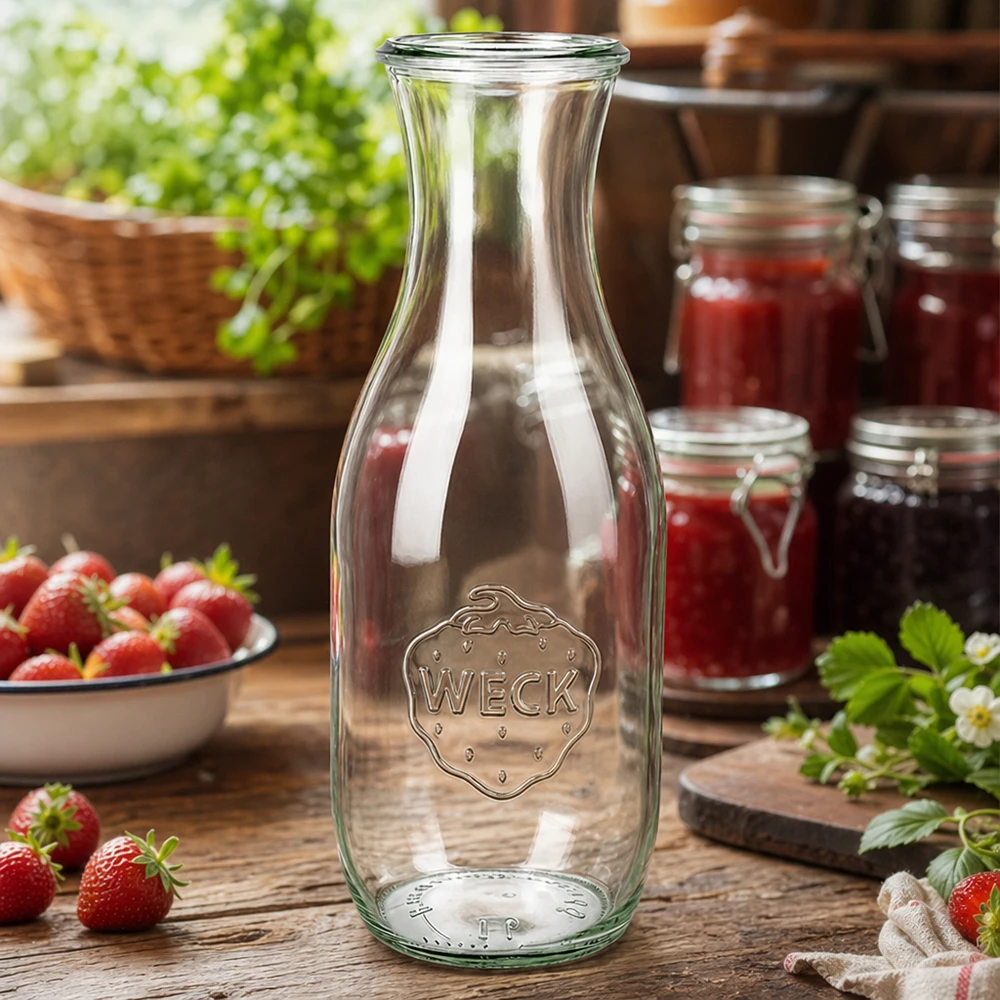 1062 ml juiceflaska WECK RR60 WECK juiceflaska 1062ml RR60 i ett rustikt kök med färska jordgubbar och syltburkar som dekoration
